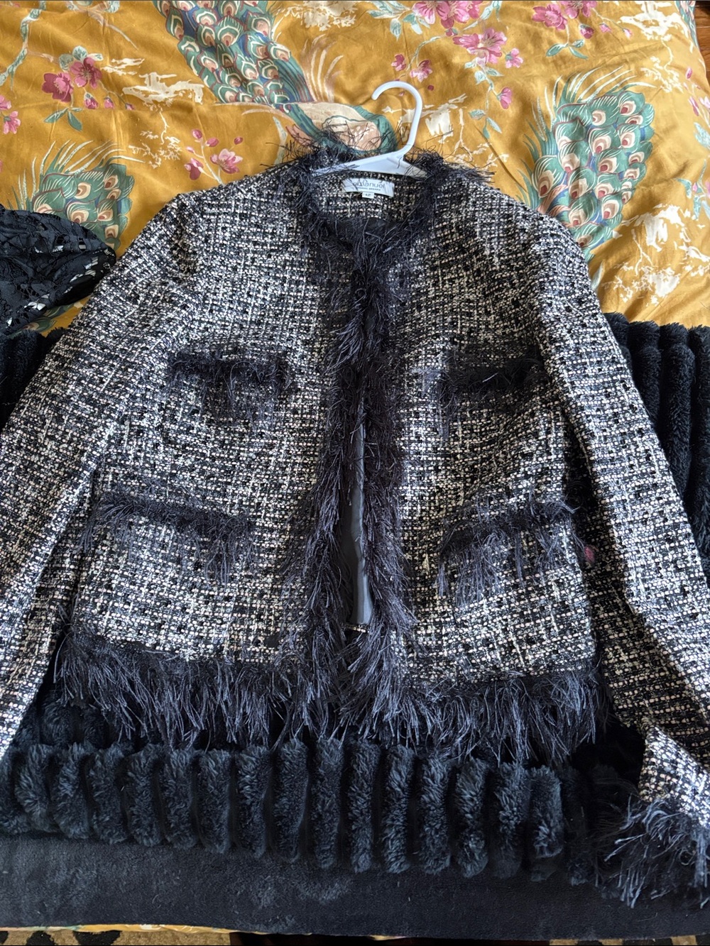 Emanuel Ungaro Black & Light Pink Tweed Jacket with Feather Trim